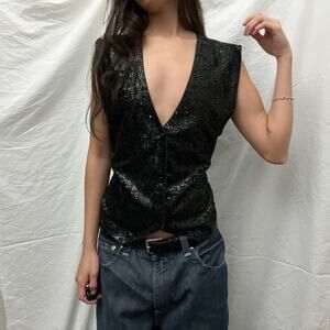 80s 90s vintage black satin sequin minimalist v neck fitted vest top blouse